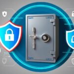 Safe with security shields and icons representing data protection