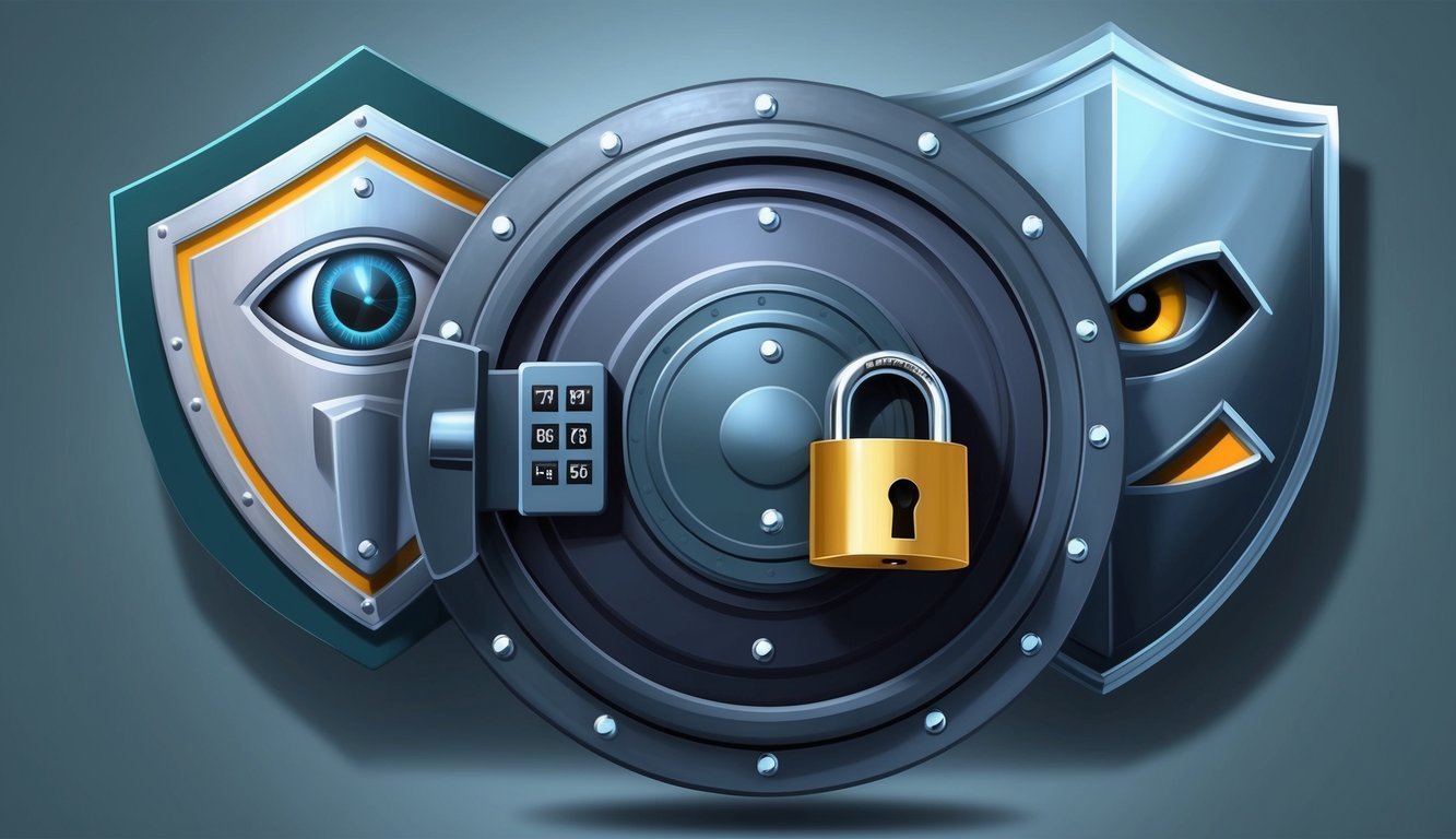 A secure vault with a padlock, surrounded by a digital lock, shielded by a shield, and guarded by a vigilant eye