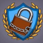 Shield with padlock and chain, surrounded by a golden laurel wreath