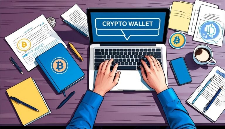 Laptop with "Crypto Wallet" on screen, Bitcoin symbols, and hands typing