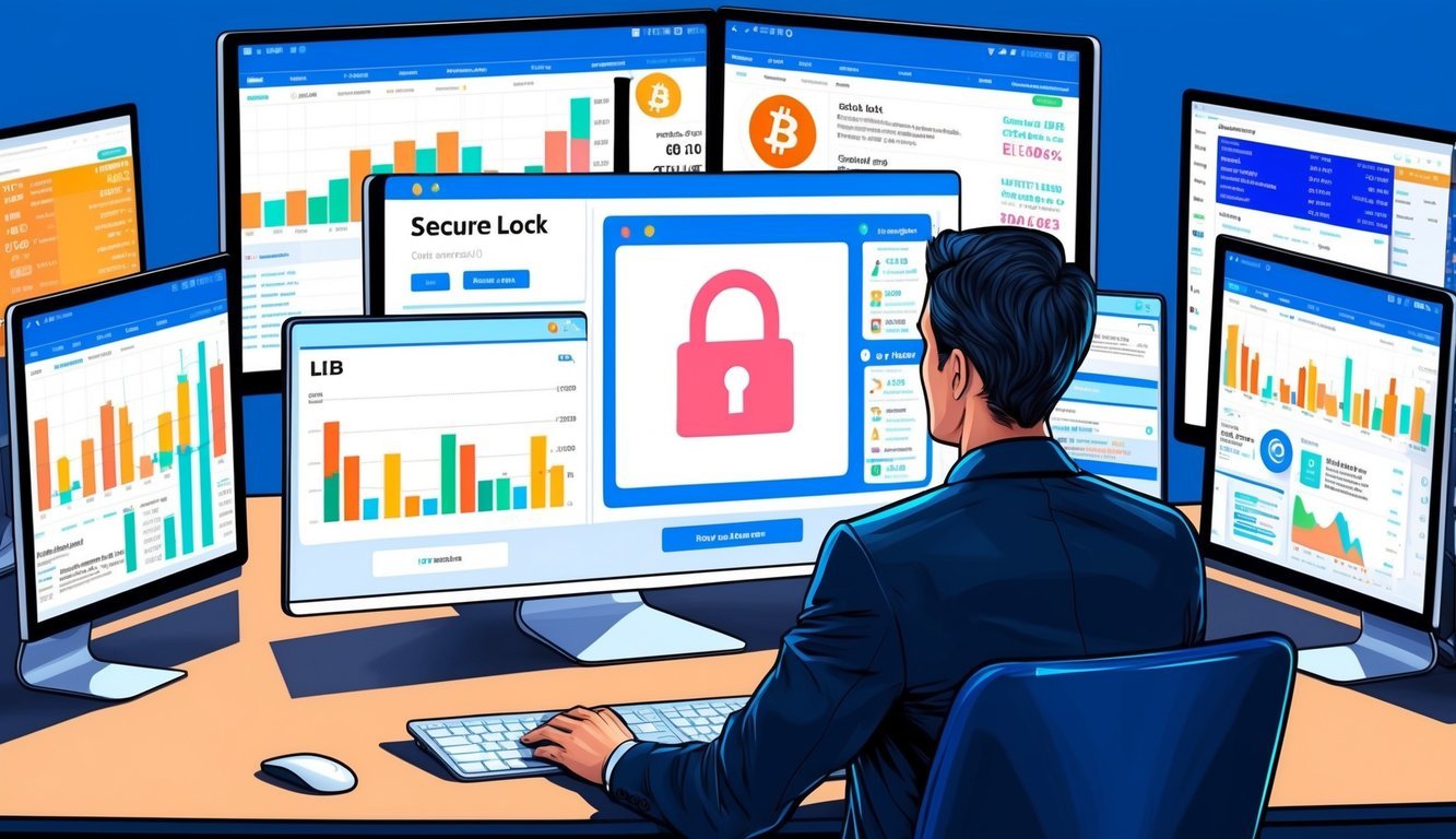 A person sitting at a desk, surrounded by multiple computer screens displaying real-time cryptocurrency market data and news updates.</p><p>A secure lock icon is prominently featured on the computer screen