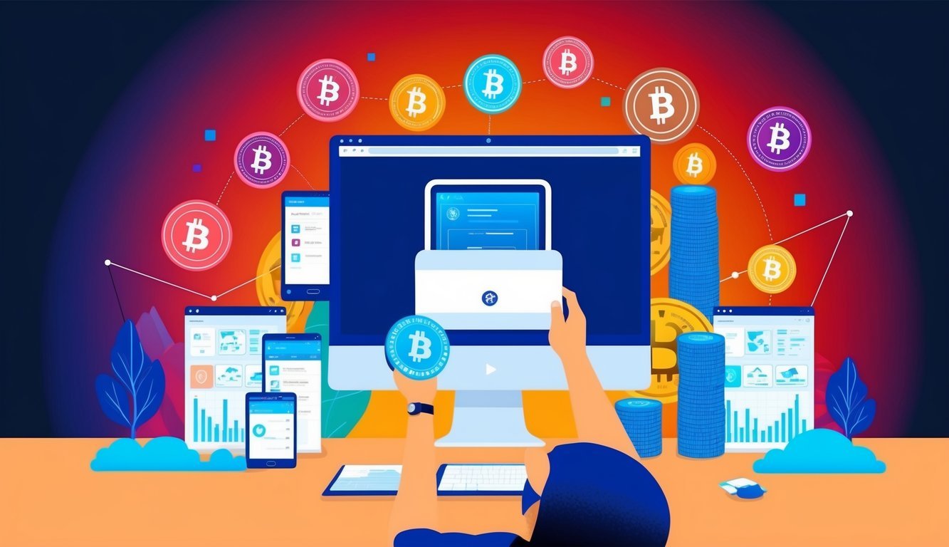 A person setting up a crypto wallet on a computer, surrounded by various digital currency symbols and charts