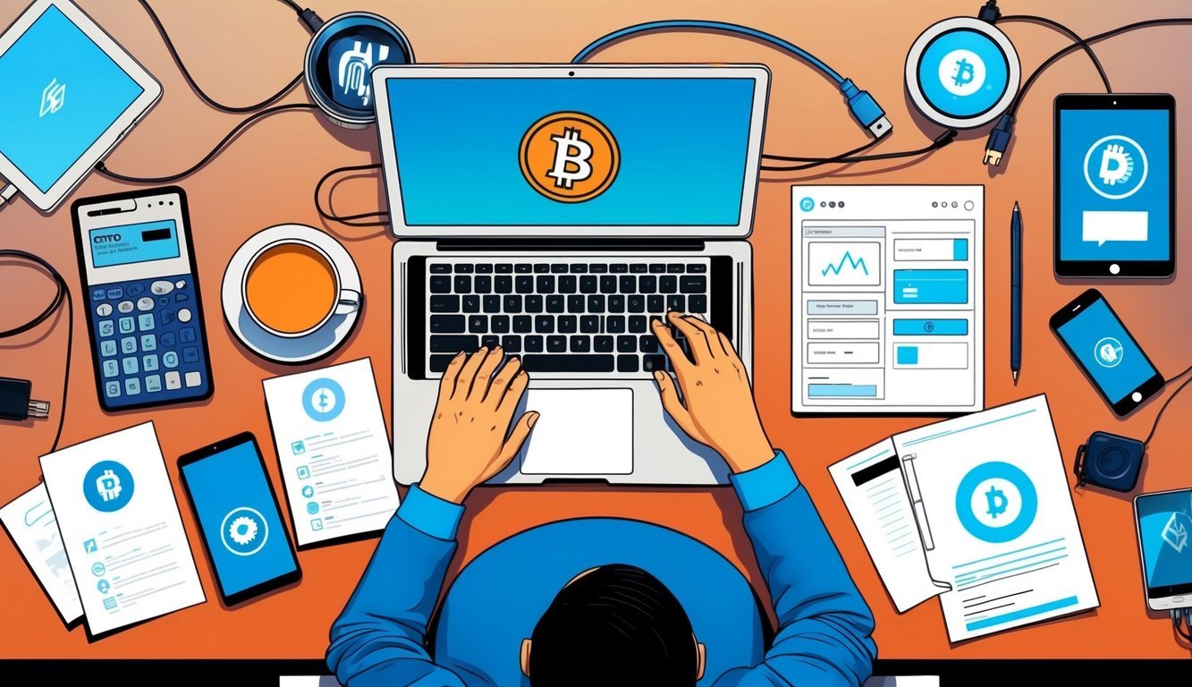 A person sitting at a desk with a laptop, surrounded by various electronic devices and papers, setting up a crypto wallet