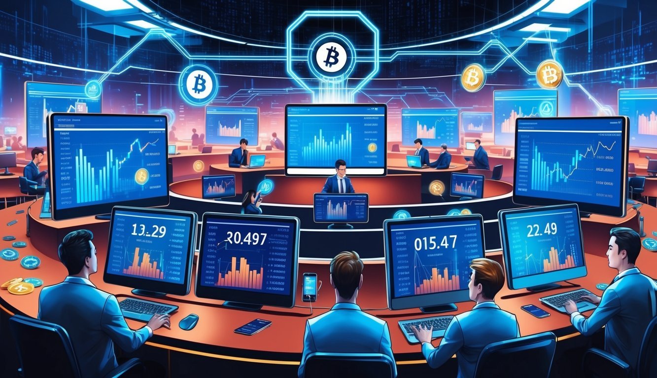 A bustling digital marketplace with multiple screens displaying fluctuating cryptocurrency values, traders exchanging virtual assets, and a secure network facilitating transactions