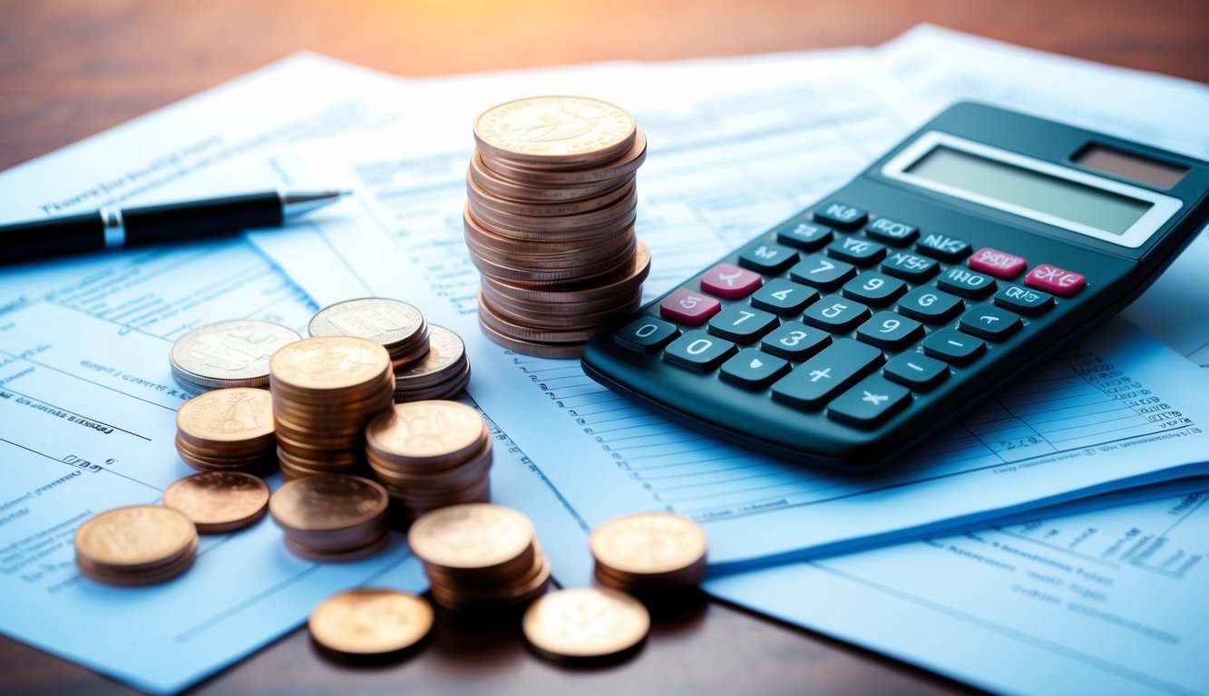 A stack of coins and a calculator on a desk, surrounded by tax forms and documents