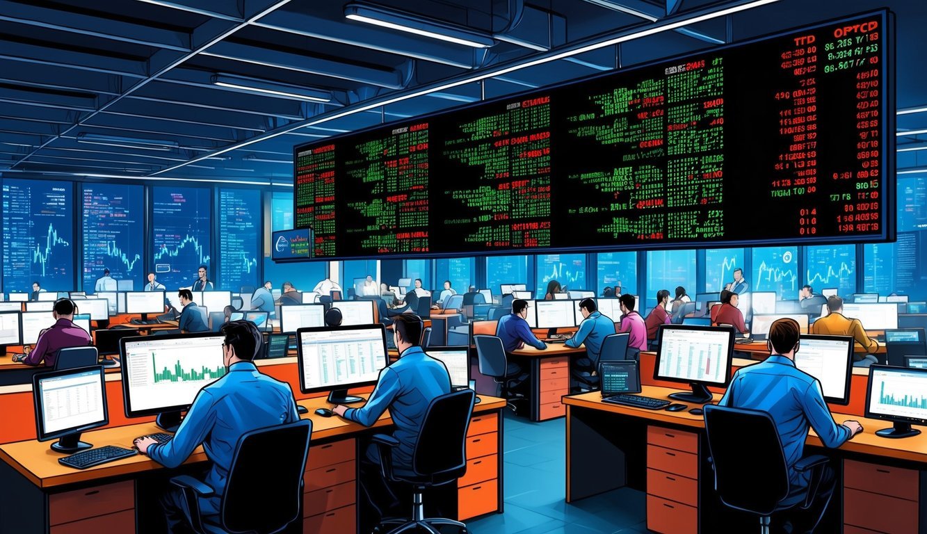 A bustling crypto exchange with traders at computer stations, charts on screens, and a large digital ticker displaying various cryptocurrency prices