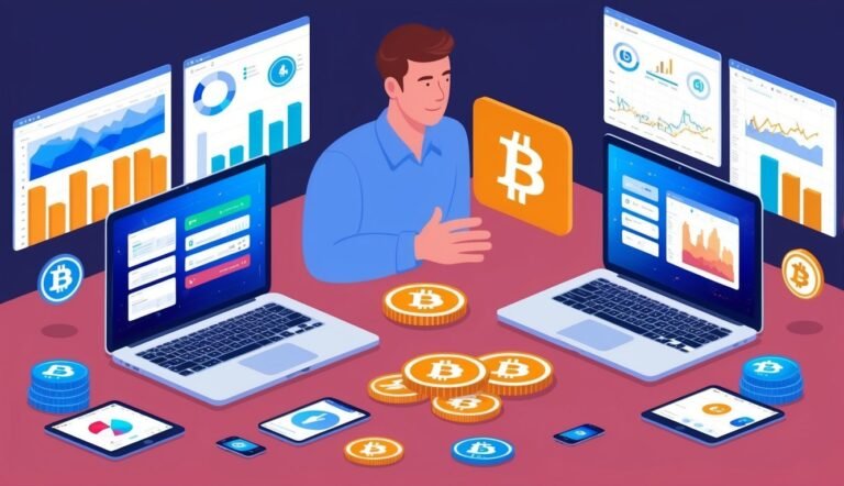 Man surrounded by laptops, tablets, Bitcoin coins, and financial charts