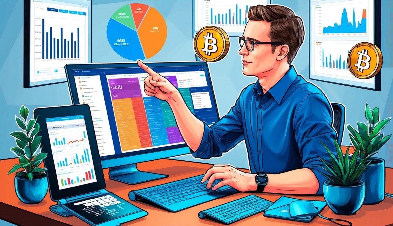 A person comparing different cryptocurrency platforms on a computer, surrounded by charts and graphs