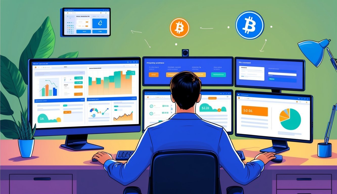 A person sitting at a computer desk with multiple screens, researching and comparing different trading platforms for buying digital currency