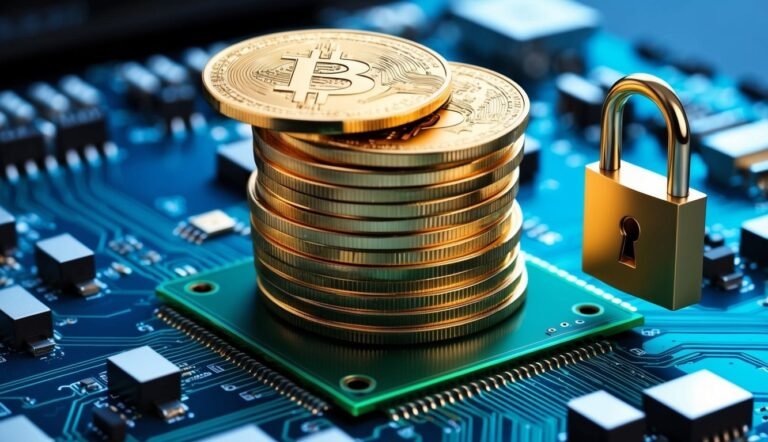Stack of Bitcoin coins and padlock on a circuit board