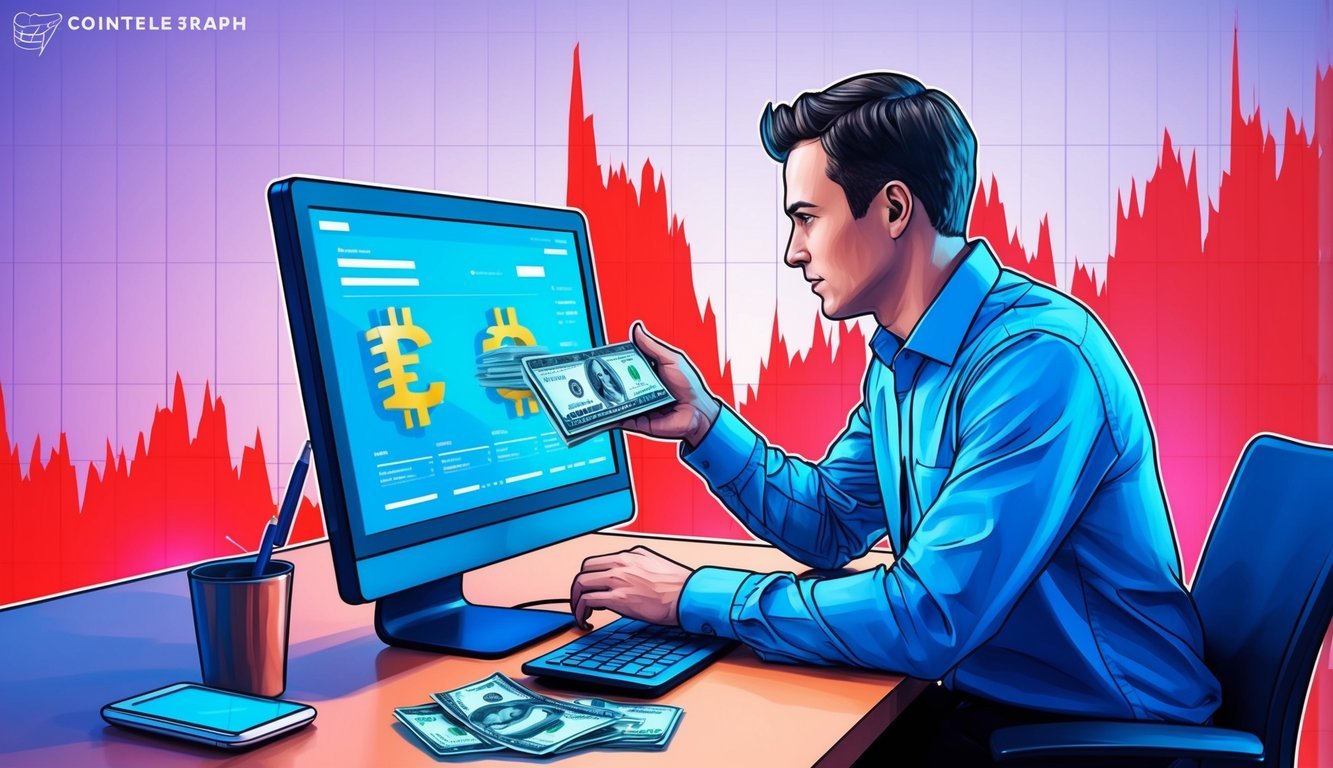 A person at a computer, exchanging digital currency for cash with a graph showing price fluctuations in the background