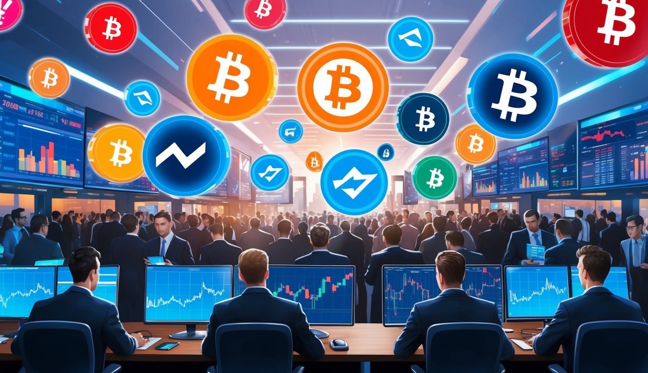 A bustling market with various digital currency symbols floating above traders' heads, while graphs and charts display price fluctuations on screens