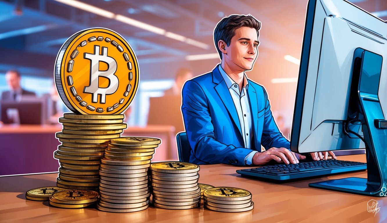 A person at a computer, with a stack of cryptocurrency coins and a cash register in the background