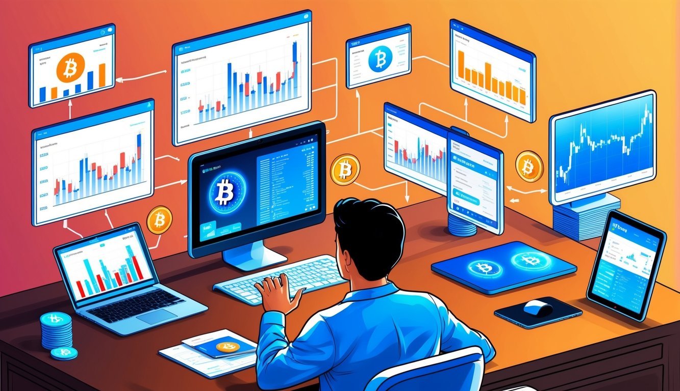 A person at a computer screen, surrounded by charts and graphs, purchasing Bitcoin and other cryptocurrencies online