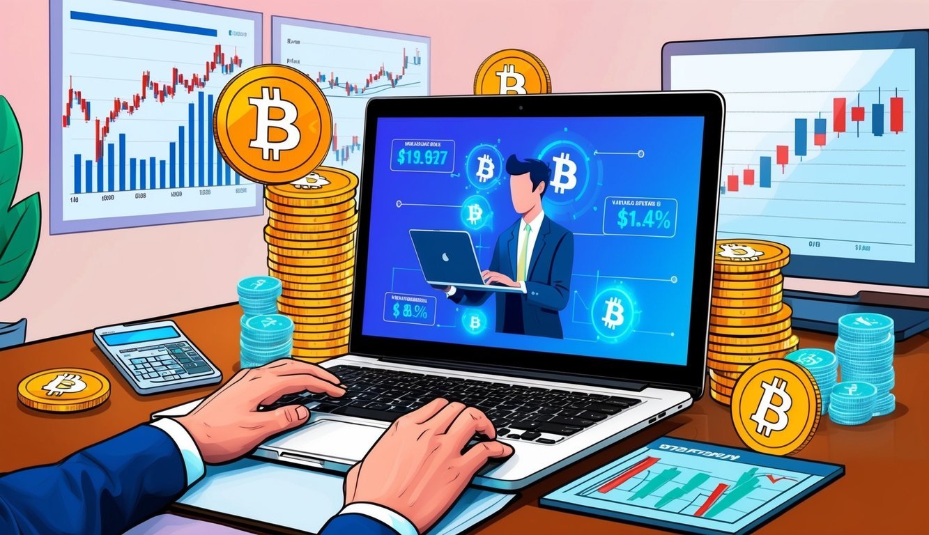 A person using a laptop to make a purchase of Bitcoin and other cryptocurrencies, surrounded by financial charts and graphs