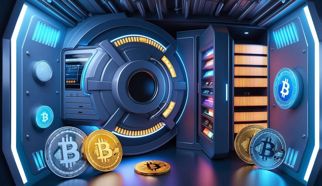 A secure, futuristic vault with biometric security and advanced encryption technology storing various forms of cryptocurrency