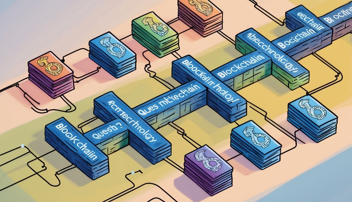 A series of interconnected blocks forming a chain, with each block representing a question related to blockchain technology