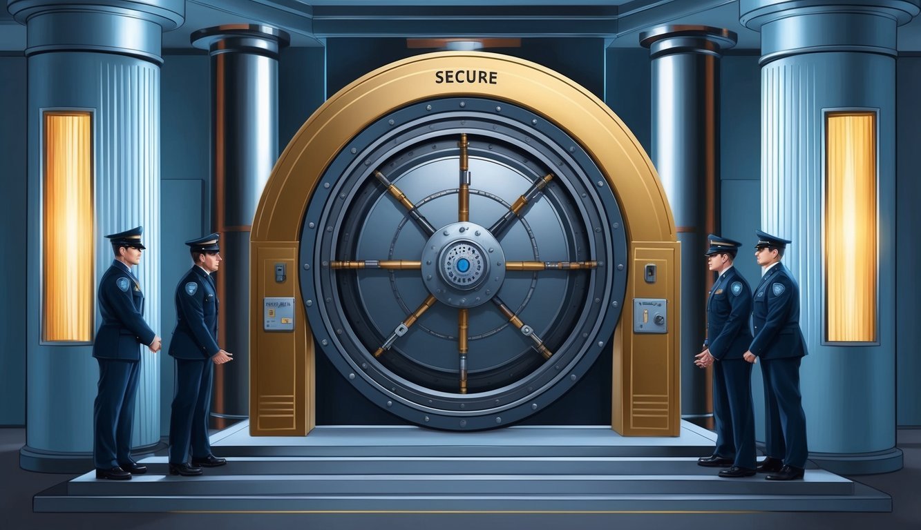 A secure vault surrounded by advanced security systems and guarded by vigilant personnel