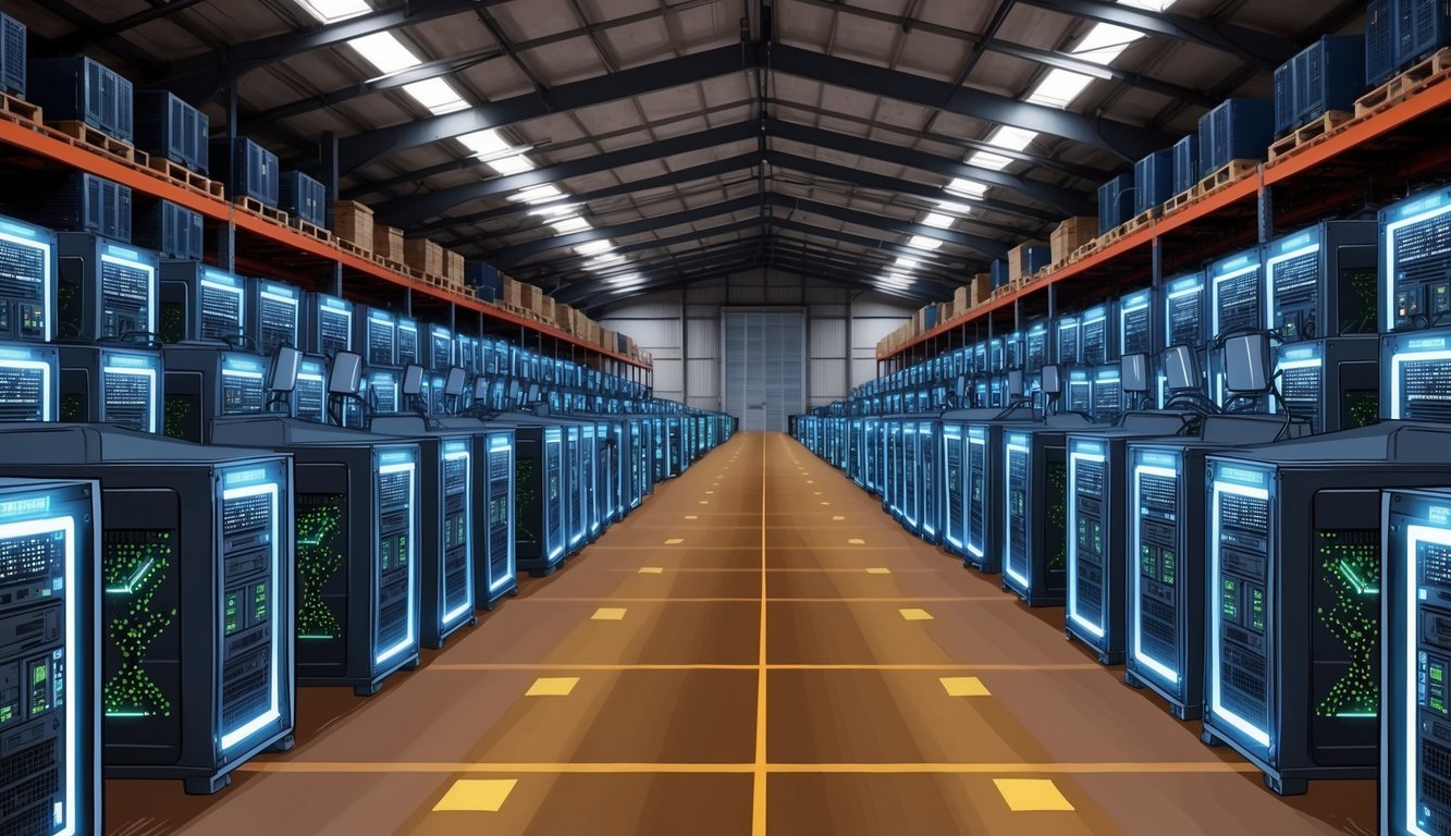 A warehouse filled with rows of powerful computers, each one humming with activity as they mine for cryptocurrency