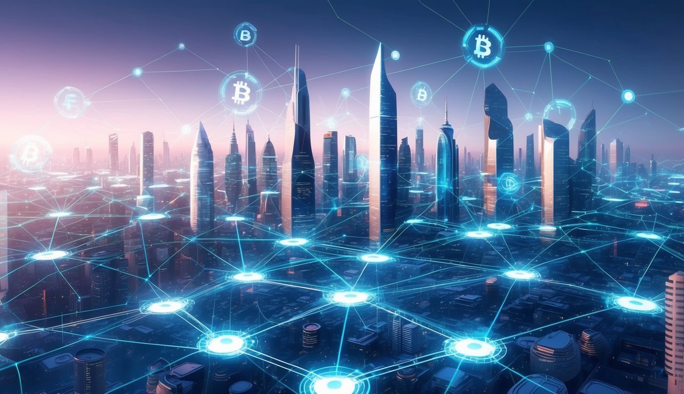 A futuristic cityscape with interconnected digital networks and blockchain technology, showcasing the potential of DeFi decentralized finance