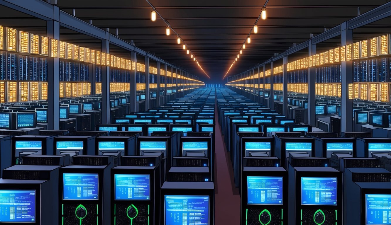 A warehouse filled with rows of powerful computer servers, illuminated by the glow of countless screens, all working tirelessly to mine cryptocurrency