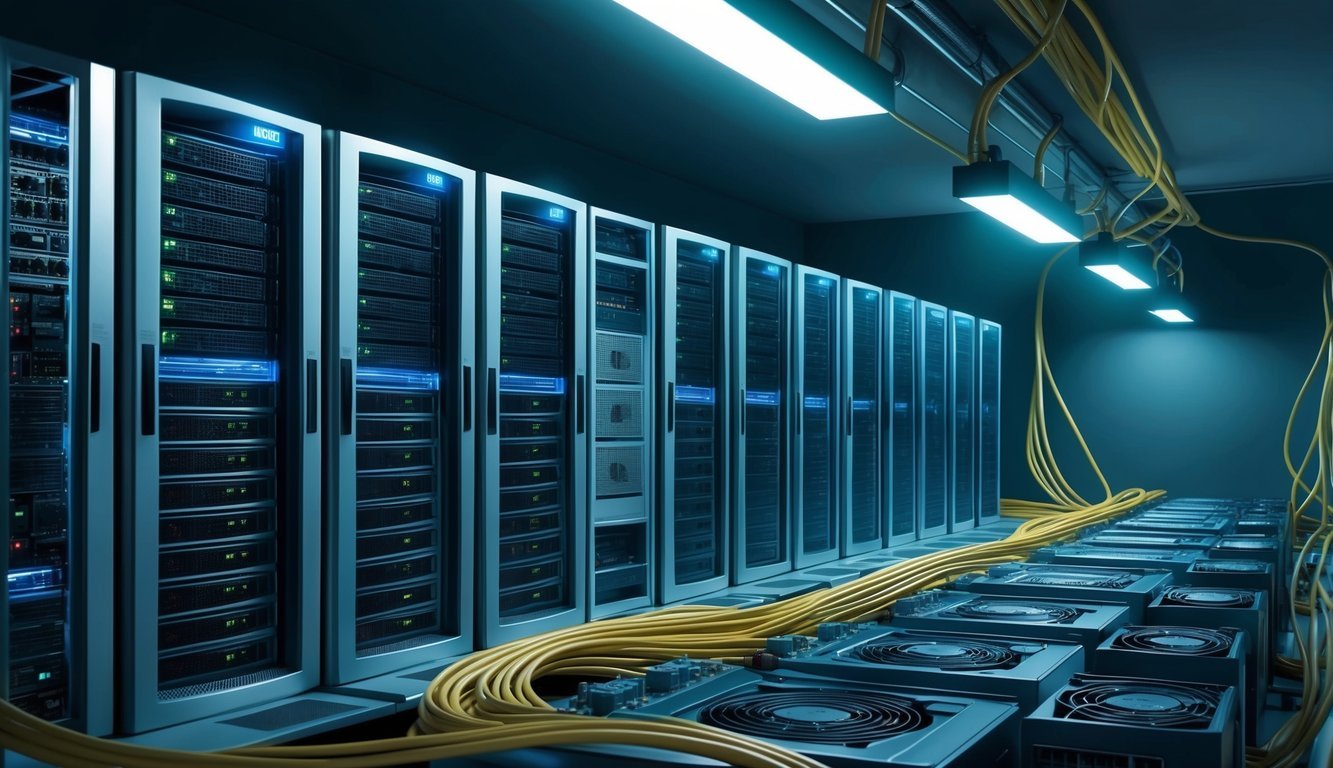 A row of computer servers humming in a dimly lit room, cables and fans creating a web of technology