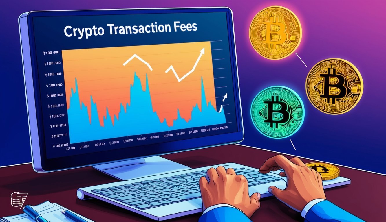 A computer screen displaying a graph with fluctuating crypto transaction fees