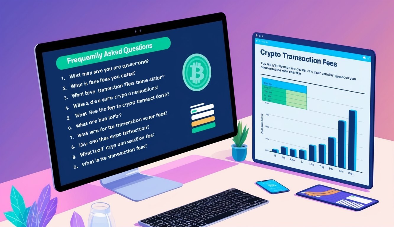 A computer screen showing a list of frequently asked questions about crypto transaction fees, with a chart or graph displaying fee variations