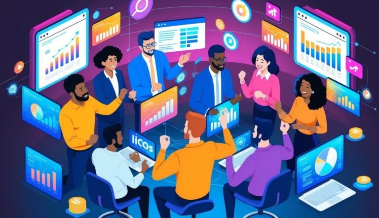 Diverse team analyzing data on screens, celebrating success