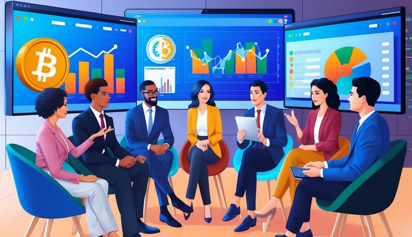 A group of diverse individuals discussing investment opportunities in a modern, tech-savvy setting with digital currency symbols and charts displayed on screens