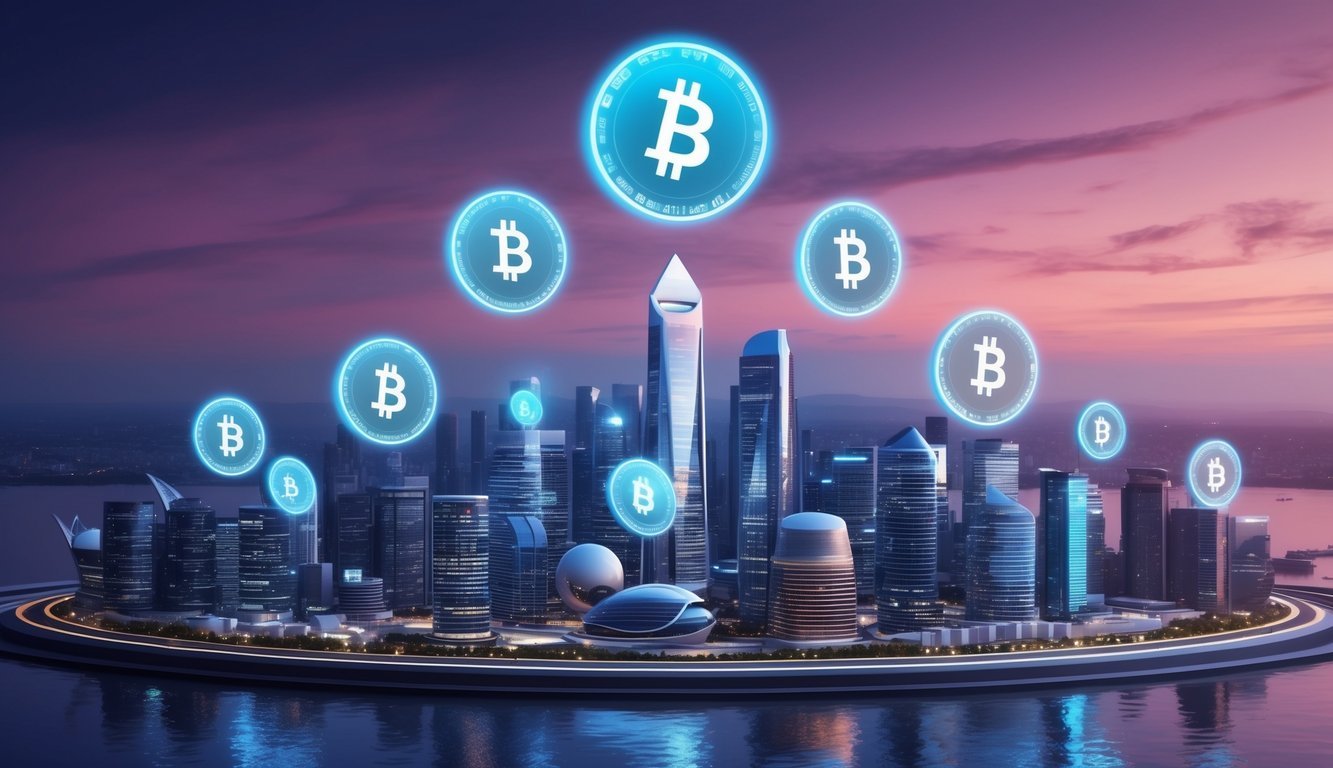 A futuristic city skyline with digital currency symbols floating above a sleek, high-tech building