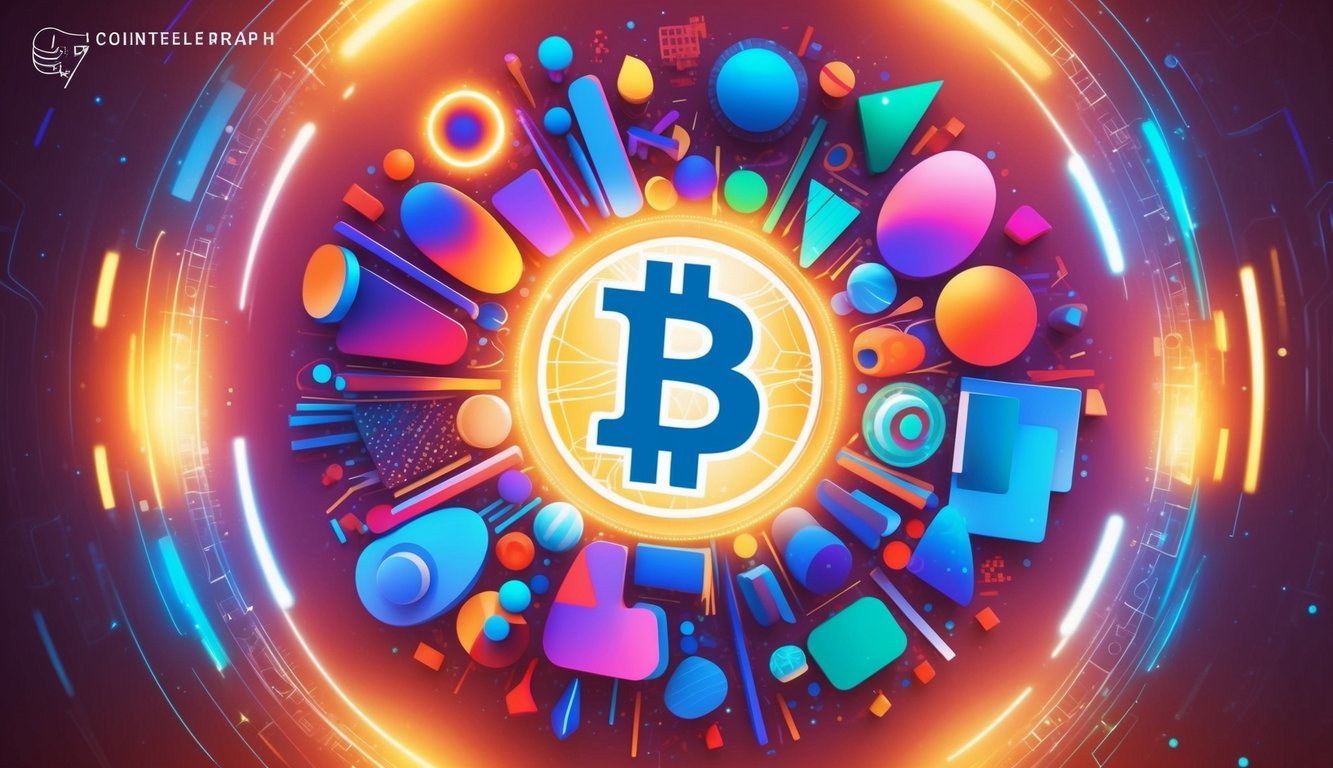 A colorful digital artwork of various abstract shapes and patterns, surrounded by a glowing aura, with a blockchain symbol in the background