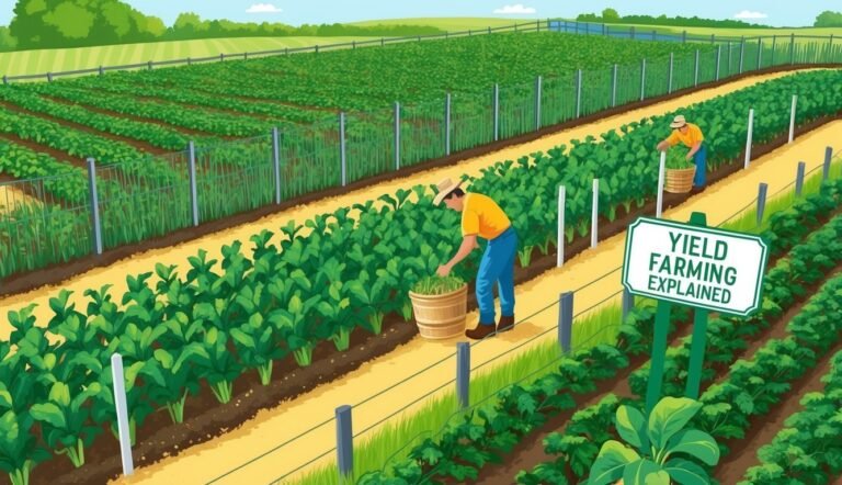 Farmers harvesting crops in a field, with a "Yield Farming Explained" sign