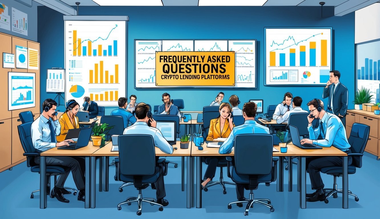 A busy office with people at desks, some talking on phones.</p><p>Charts and graphs on the walls.</p><p>A large sign reads "Frequently Asked Questions Crypto Lending Platforms"