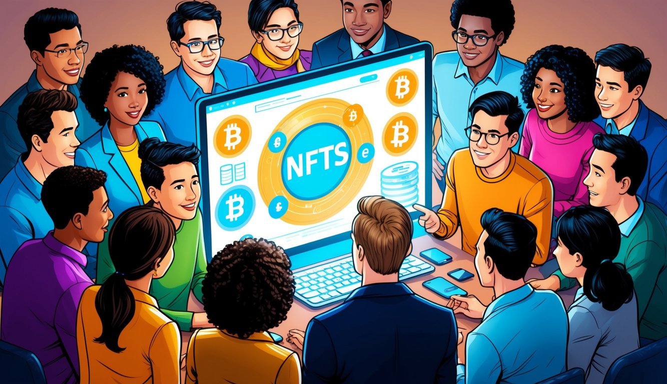 A diverse group of people gathered around a digital screen, engaged in a discussion about non-fungible tokens (NFTs) with various expressions of curiosity and interest on their faces