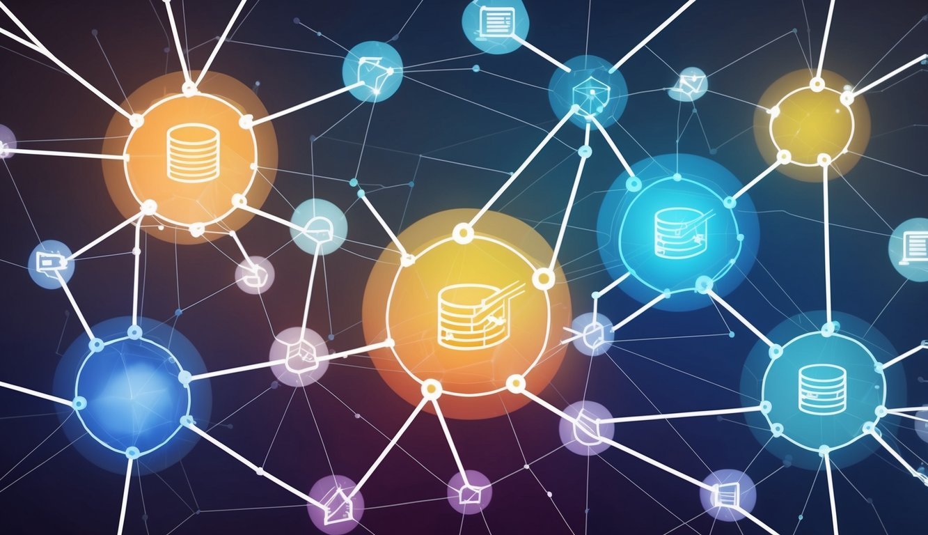 A network of interconnected nodes with digital code flowing between them, representing the concept of smart contracts