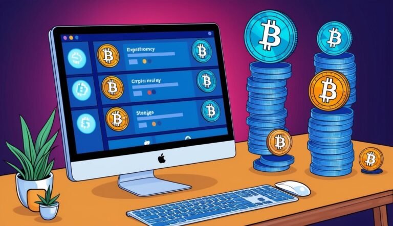 Computer screen with Bitcoin symbols and stacks of coins on a desk