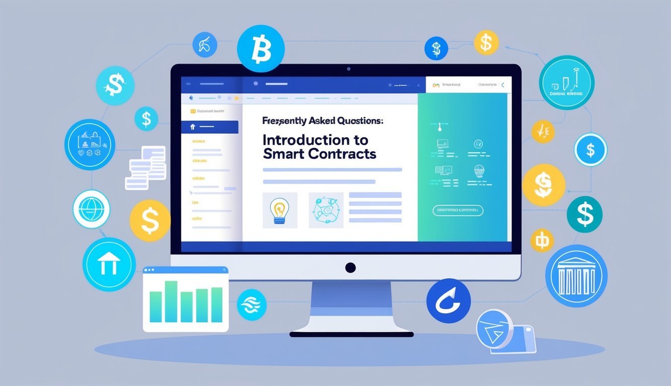 A computer screen displaying a webpage with a heading "Frequently Asked Questions: Introduction to Smart Contracts" surrounded by various icons and symbols related to technology and finance