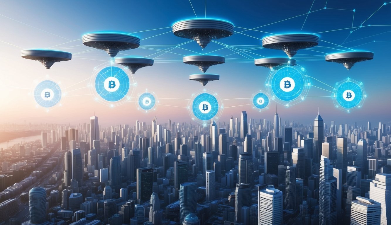 A futuristic cityscape with interconnected blockchain nodes hovering above, while oracles in the form of glowing orbs transmit data between them