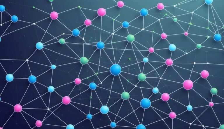 Abstract network of colorful spheres connected by white lines on dark background