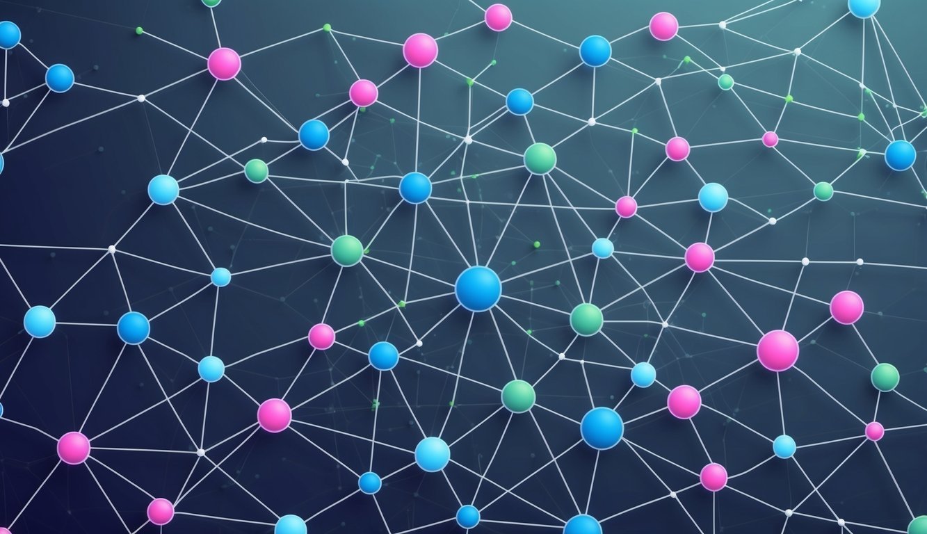 A network of interconnected nodes forming a web, each node representing a different function or aspect of a decentralized autonomous organization (DAO)