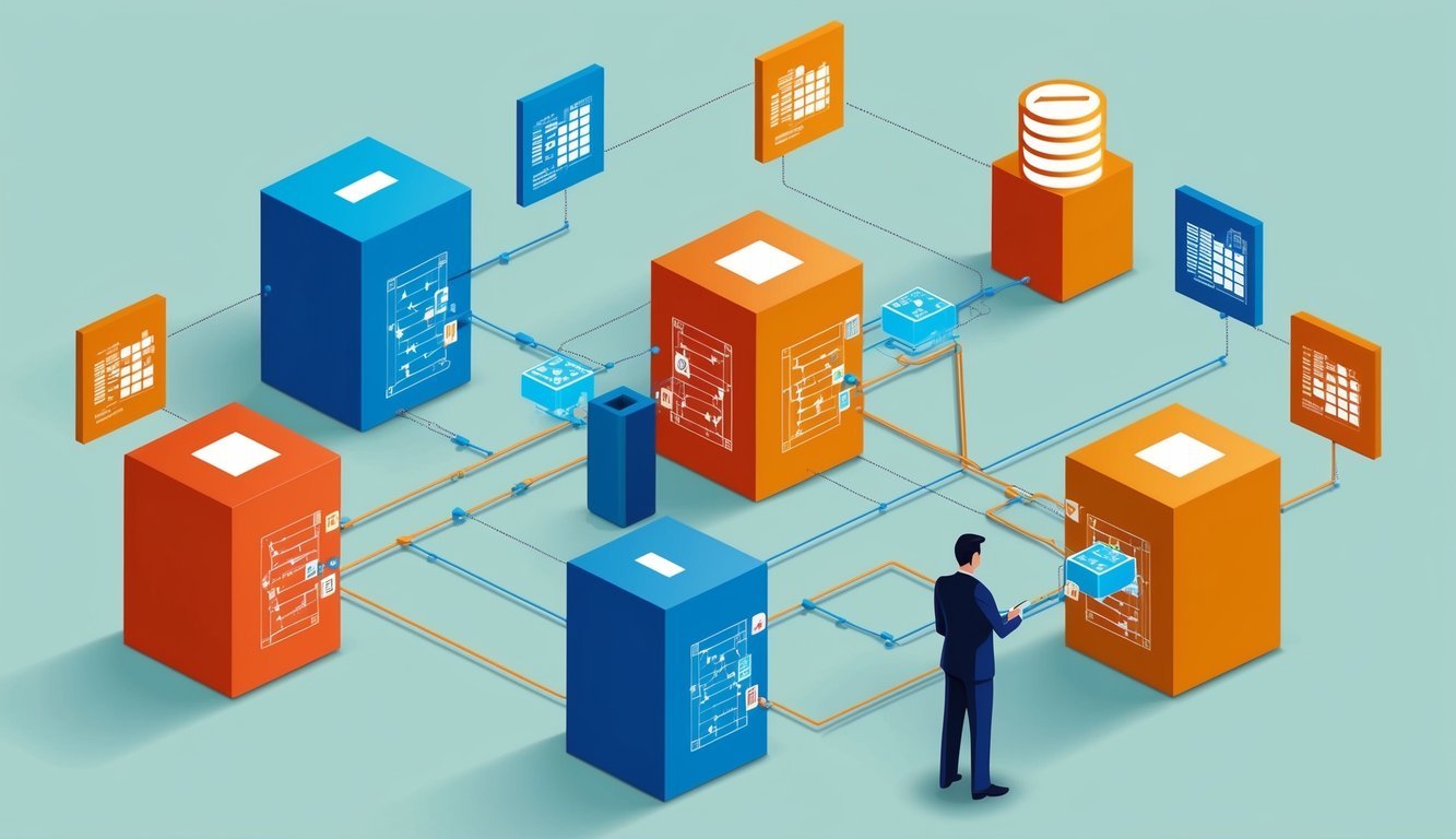 A group of interconnected blocks with data flowing from one to the other, while a central figure oversees the process