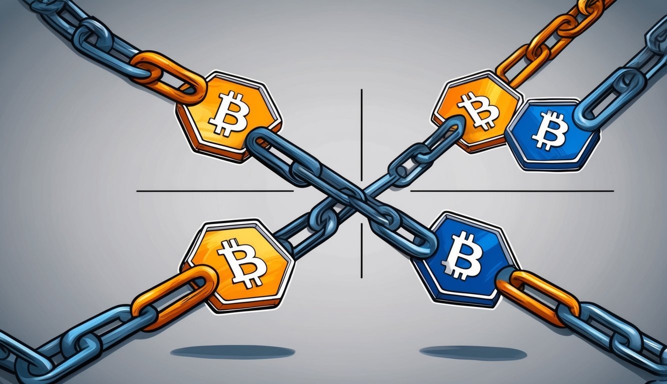 A blockchain splitting into two separate chains, symbolizing a hard fork, with new blocks diverging from the original chain