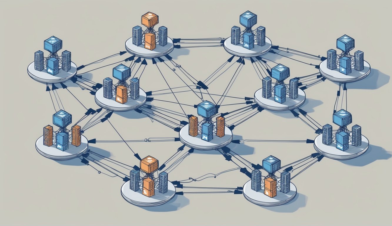 A group of interconnected nodes forming a decentralized network, with each node representing an autonomous organization