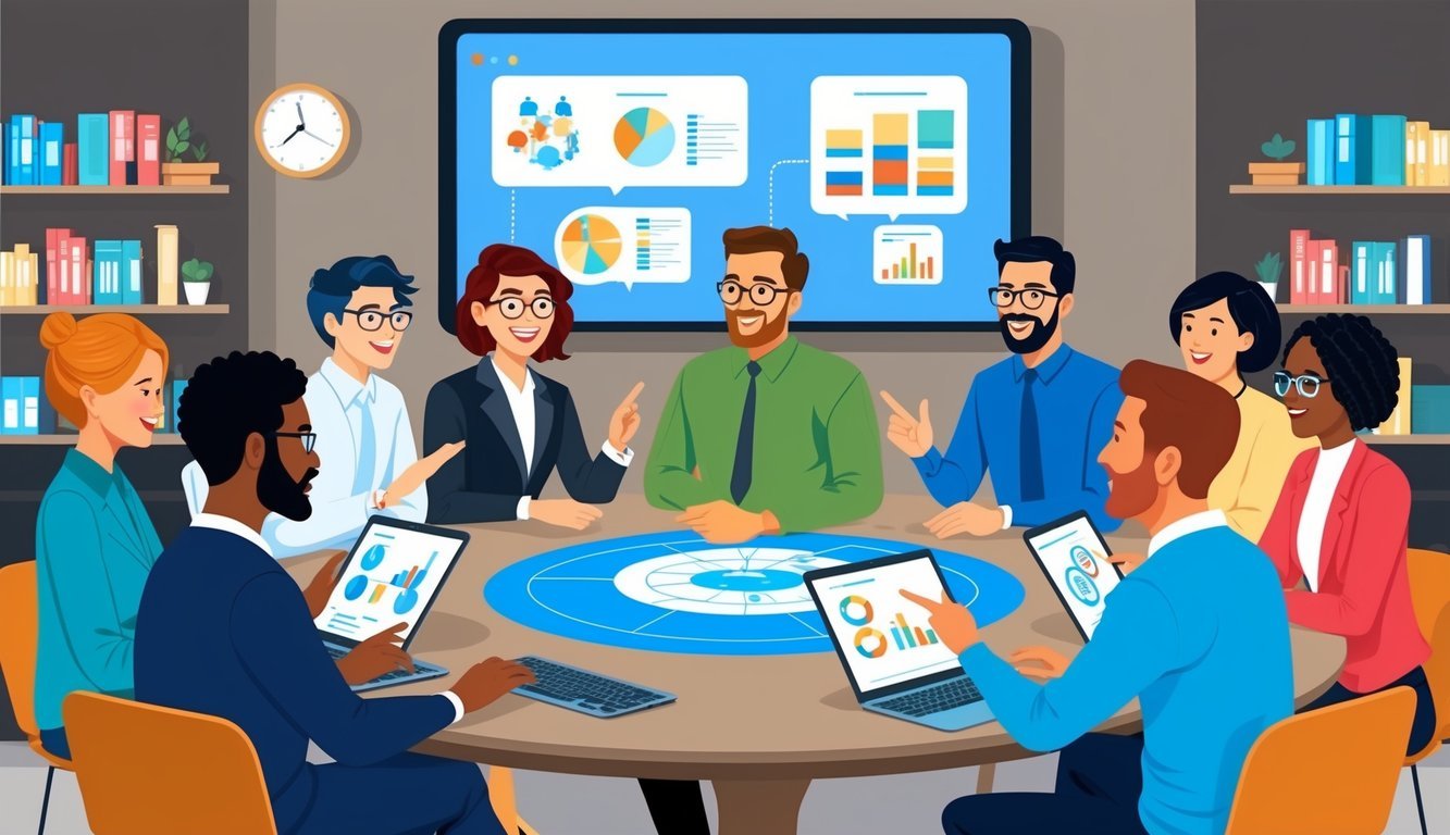 A group of diverse individuals gathered around a virtual table, engaging in animated discussion while referring to diagrams and charts on a digital screen