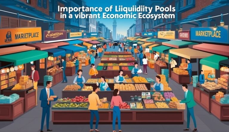 Illustration of a bustling marketplace with vendors and customers, promoting liquidity pools