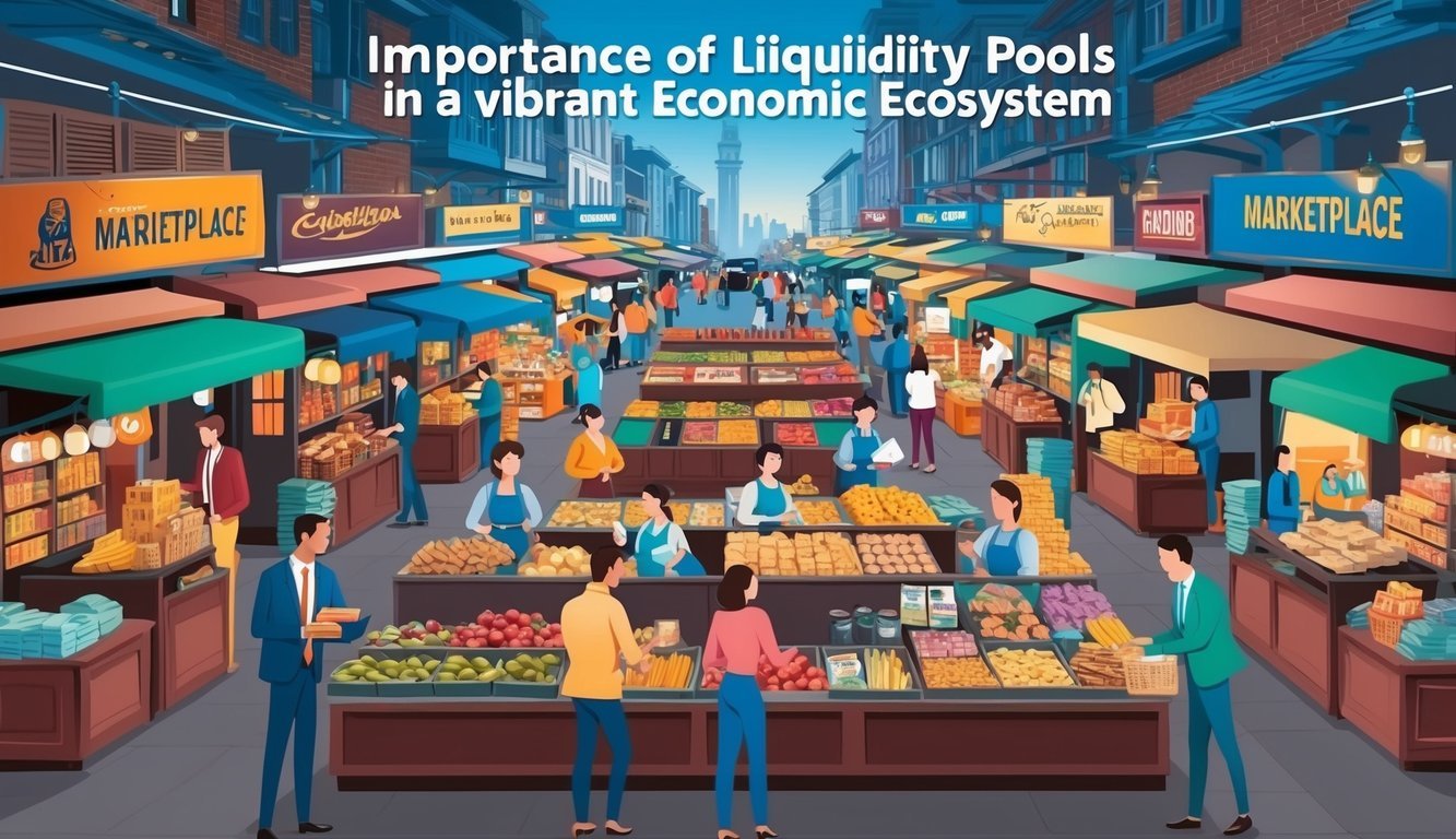 A bustling marketplace with various vendors and customers exchanging goods and services, showcasing the importance of liquidity pools in a vibrant economic ecosystem