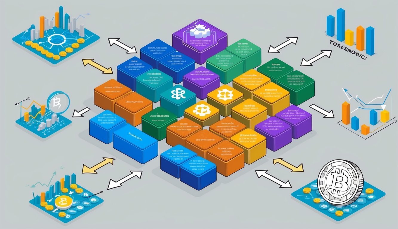 A series of interconnected blocks representing various aspects of tokenomics, surrounded by arrows and graphs showing the flow and distribution of tokens