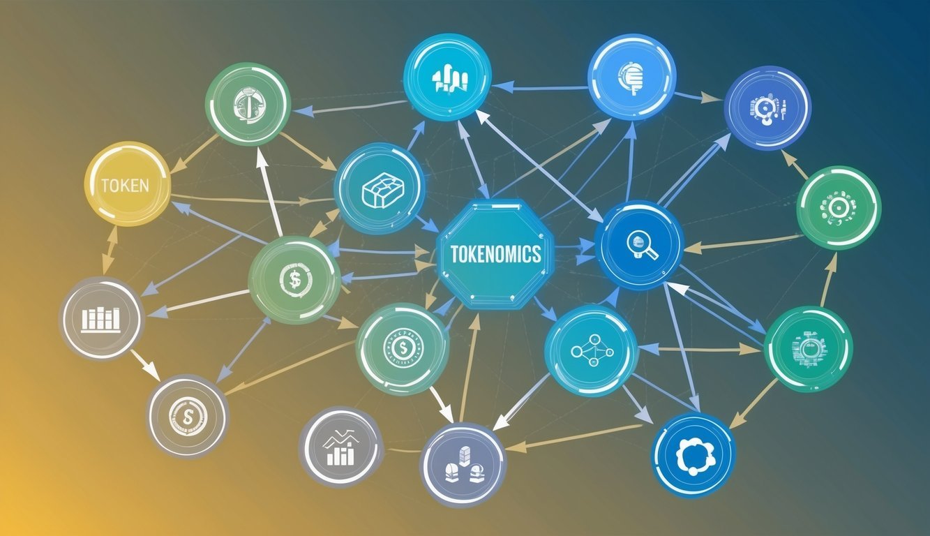 A network of interconnected nodes, each representing a different aspect of tokenomics, with arrows flowing between them to illustrate the interconnected nature of the concept