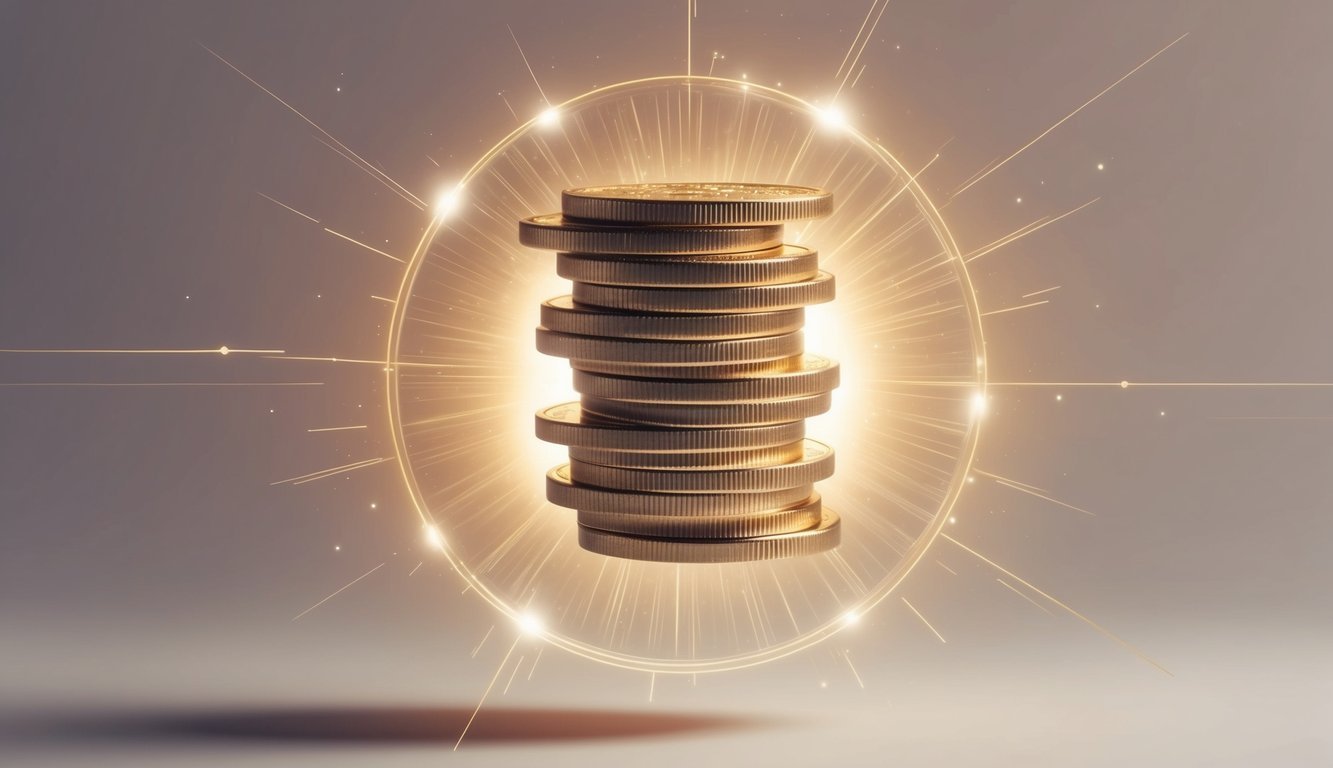 A stack of coins suspended in mid-air, surrounded by a glowing aura, with a sense of stability and balance